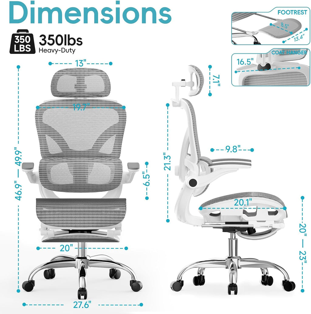 Alllion Ergonomic Mesh Office Chair, Home Desk Chair Comfy High Back with Adjustable Lumbar Support, 3D Headrest, Flip-up Arms, Big and Tall Reclining Computer Gaming Chairs for Men Women, Grey