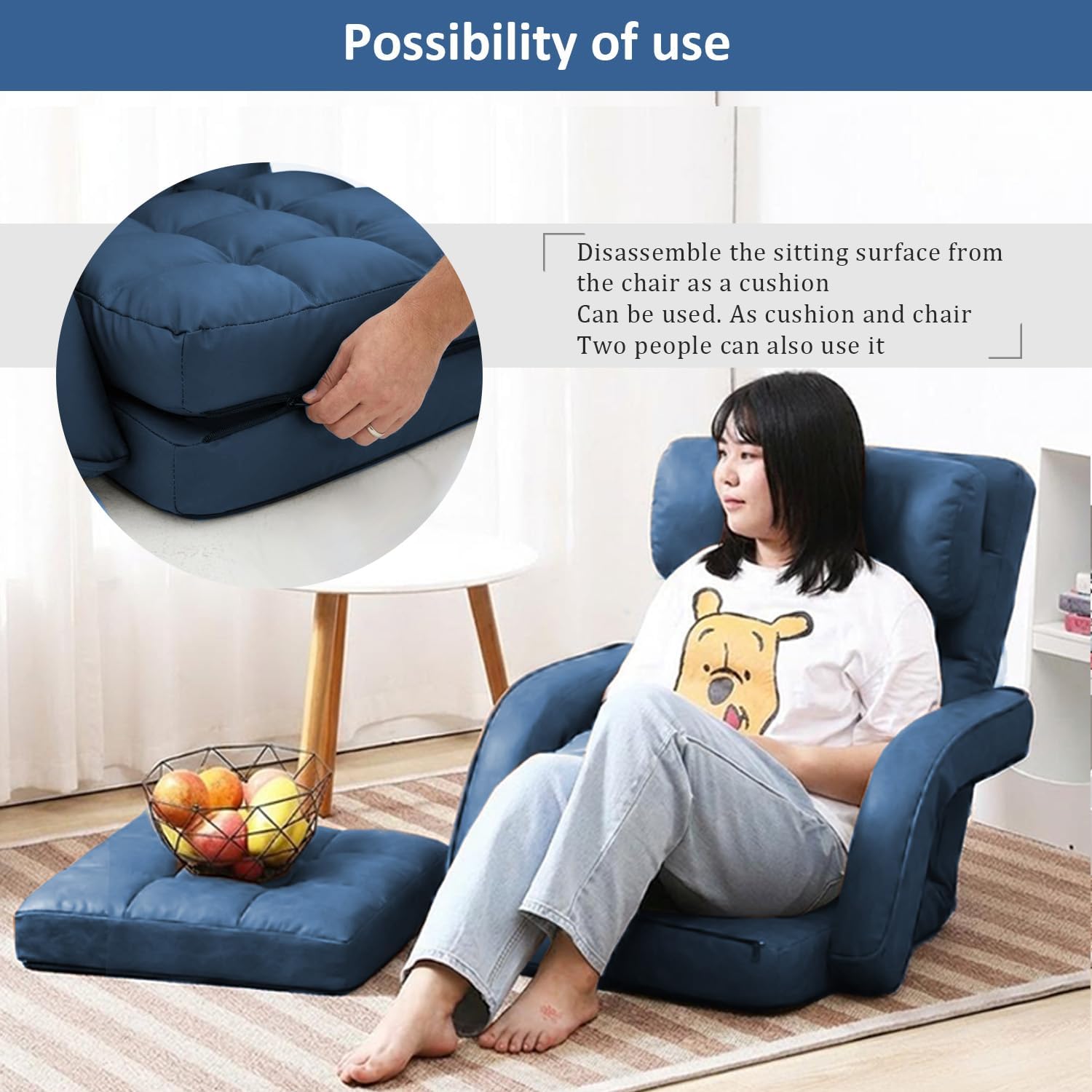 Floor Chair, Floor Gaming Chair with 14 Adjustable Position&Back Support, Folding Lounge Chair with Armrest for Adults, Lazy Sofa Lounger with Comfy Cushion for Living Room,Bedroom,PU,Blue
