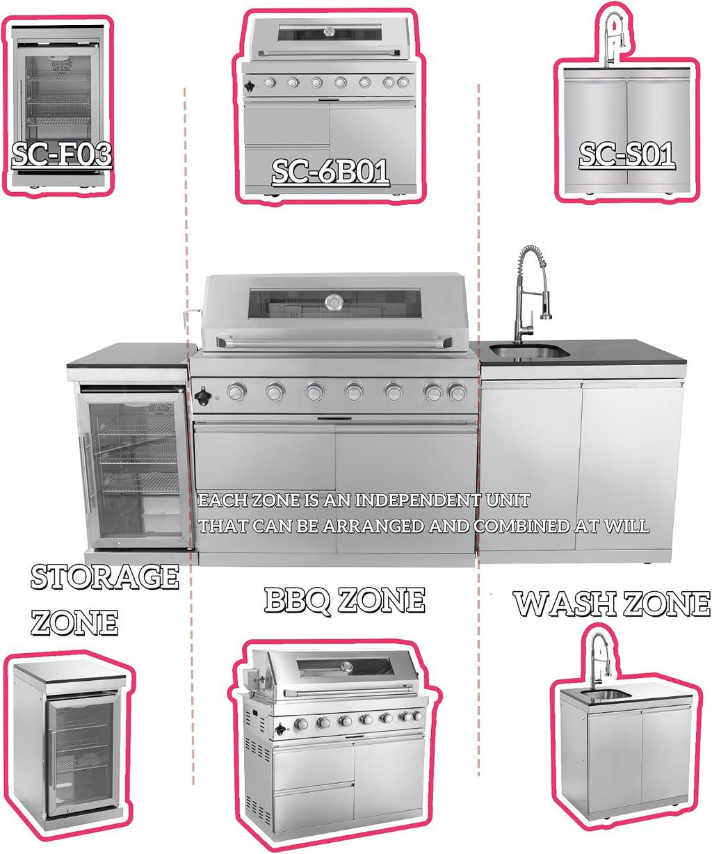Modular Outdoor Kitchen BBQ Island, 96' Outdoor Kitchen Propane Gas Island Grill with Sink, Compact Refrigerator, Storage Cabinets, Rotisserie Kit (Silver, 96')