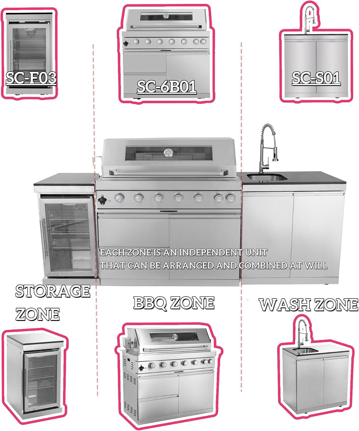Modular Outdoor Kitchen BBQ Island, 96' Outdoor Kitchen Propane Gas Island Grill with Sink, Compact Refrigerator, Storage Cabinets, Rotisserie Kit (Silver, 96')