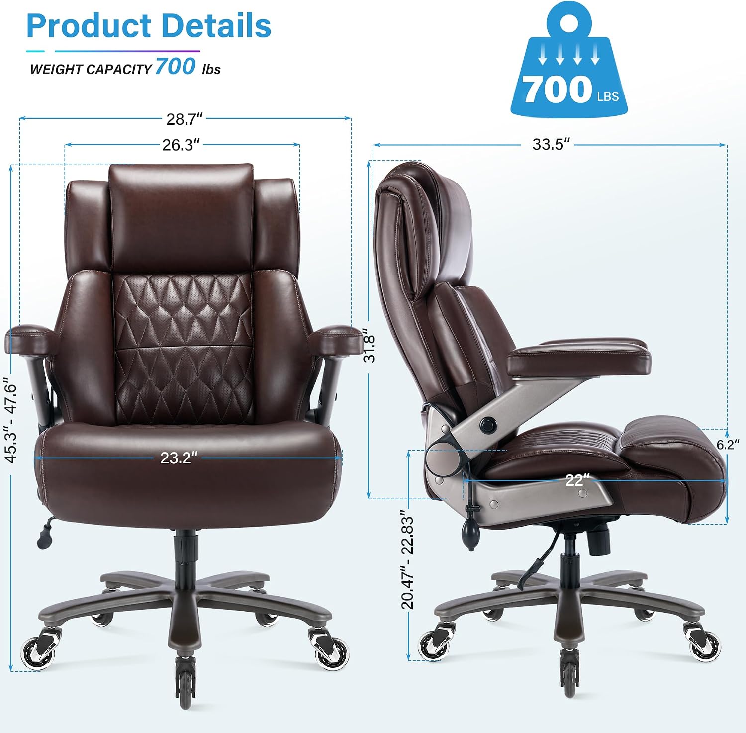 Big and Tall 700lbs Office Chair - Adjustable Lumbar Support 3D Flip Arms Heavy Duty Metal Base&Wheels, High Back Large Executive Computer Desk Chair, Thick Padded Ergonomic Design for Back Pain
