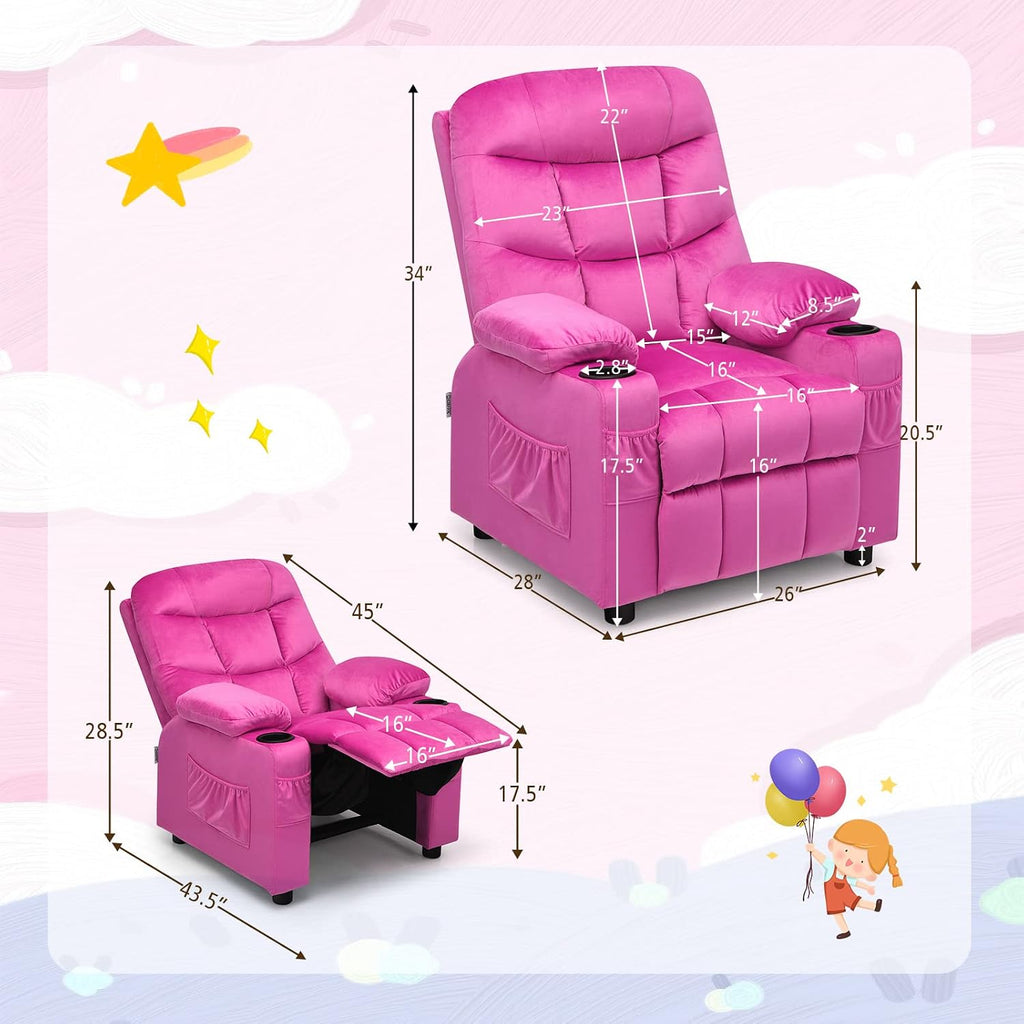 MAT EXPERT Kids Recliner, Velvet Adjustable Reading Chair w/ 2 Cup Holder, 3 Side Pocket Storage & Footrest, Kids Couch Gaming Chair, Toddler Lounge Chair for Boys Girls, Kids Room Playroom (Pink)