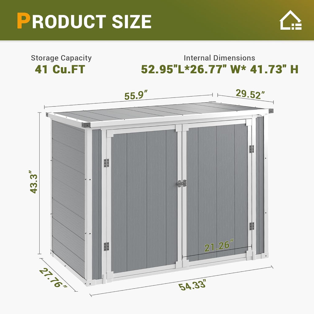 Storage Shed Outdoor Plastic Garden Shed Tool Resin Shed with Floor Waterproof Horizontal Storage Deck Box Outside Storage Container with Lockable Door for Patio（Light Grey）