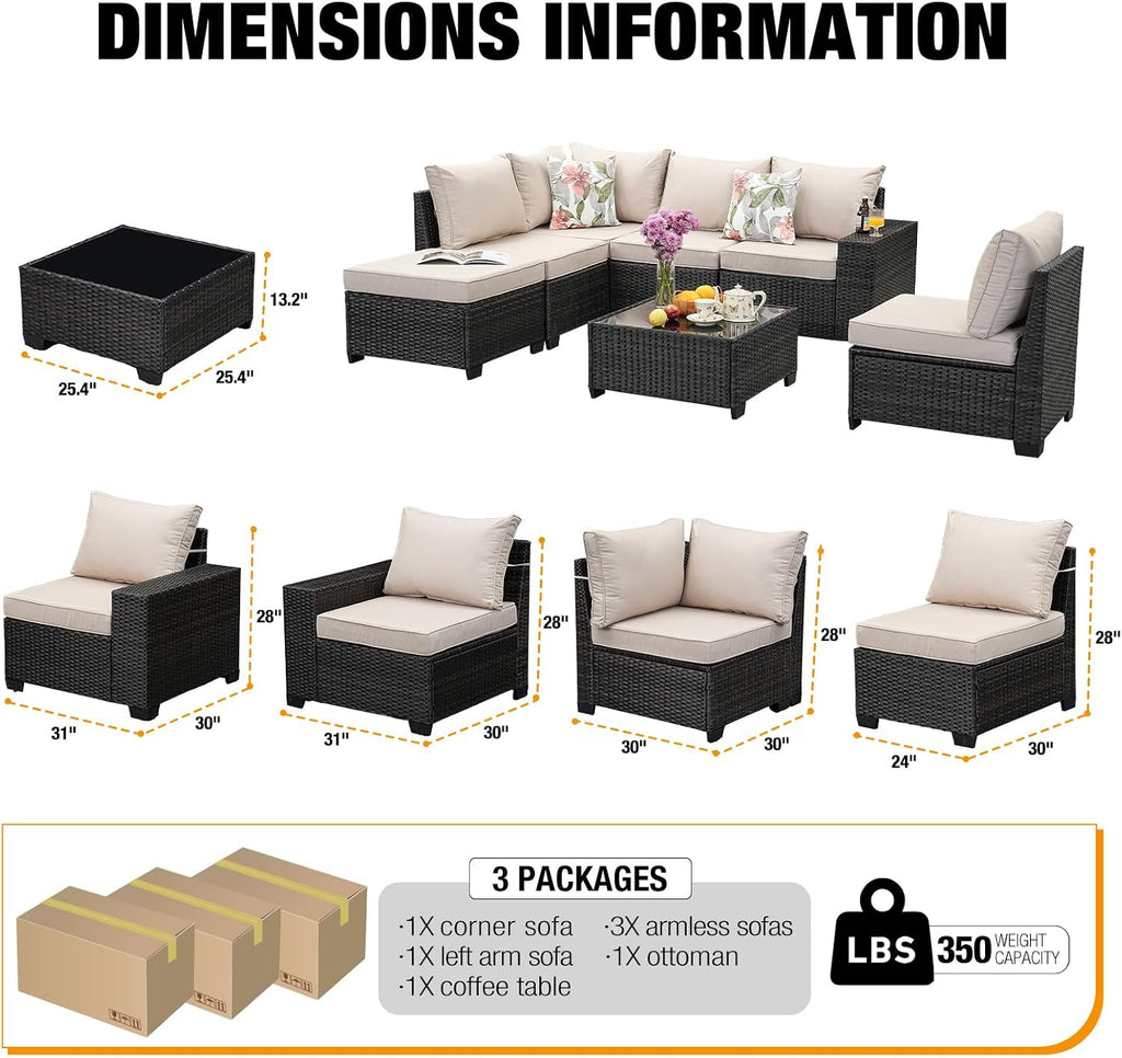 7-Piece Outdoor Patio Furniture Set, Modular Wicker Sectional Sofa with Thick Cushions & Coffee Table, All-Weather Rattan Conversation Set for Backyard, Porch, Poolside, Beige