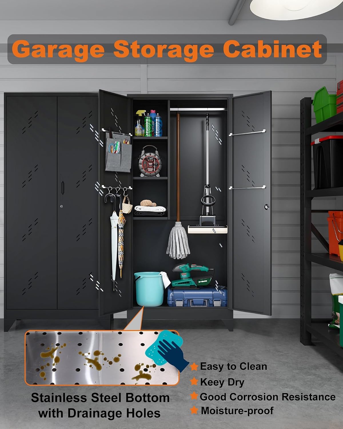 OSEILLC Metal Storage Cabinet with Locking Doors, 75' Tall Garage Cabinet with Hanging Rod, Broom Closet/Freestanding Bathroom Storage Cabinet, Cleaning Tool Storage
