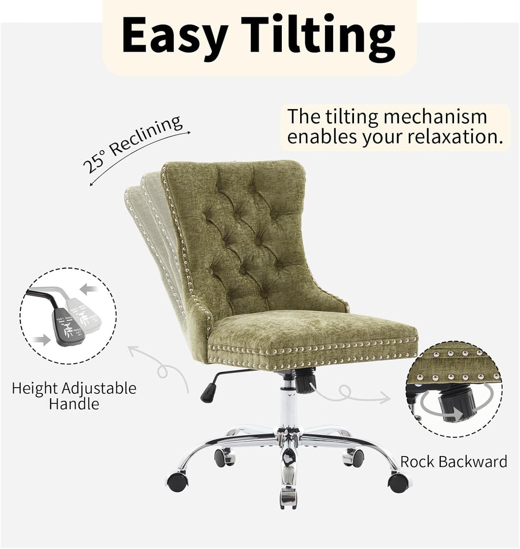 Home Office Chair with Wheels & Silver Base, Cute Chenille Fabric Makeup Vanity Chair with Tufted Back for Bedroom, Upholstered Adjustable Swivel Comfy Desk Chair for Girls Women, Green