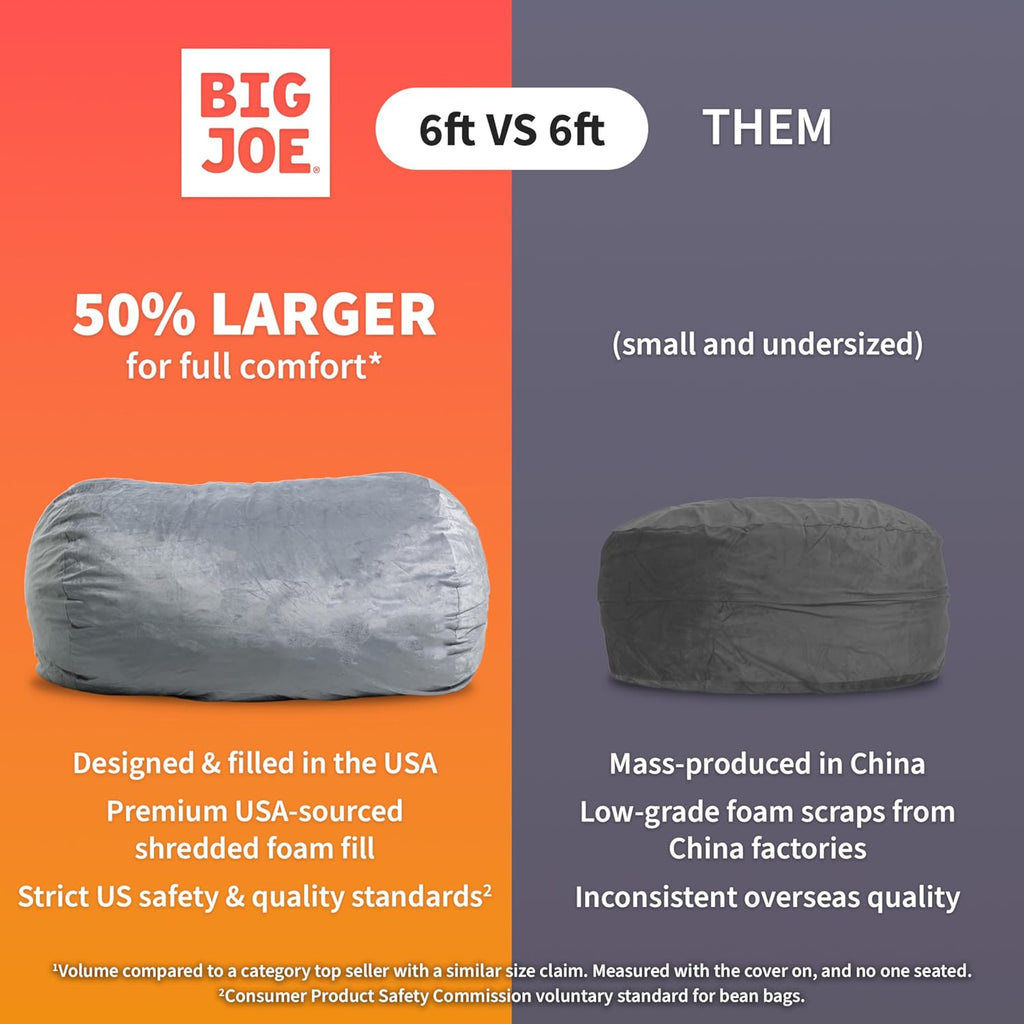 Big Joe Fuf 6Ft Giant Lounger Foam Bean Bag Chair, Oversized Couch with Removable Cover for Kids, Teens, Adults, Cocoa Lenox, Durable Woven Polyester, 6 foot