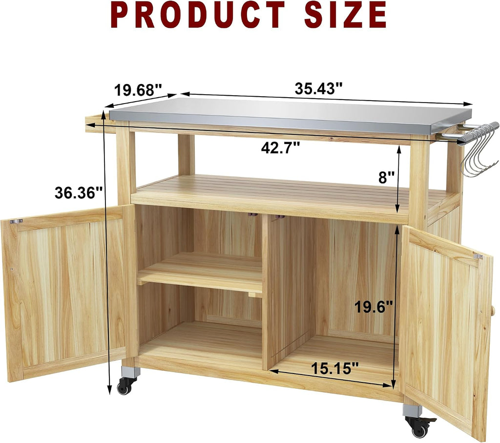 GDLF Outdoor Storage Cabinet Wood Outdoor Kitchen Prep Grill Table with Stainless Steel Top Waterproof Cover (Natural Wood Color)