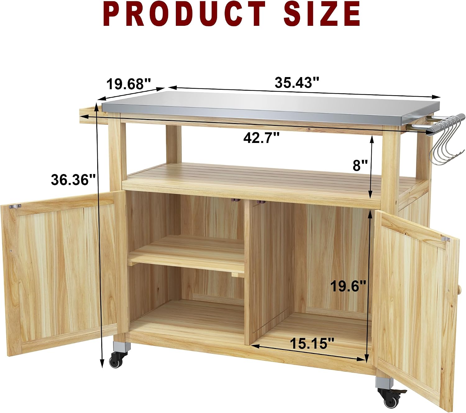 GDLF Outdoor Storage Cabinet Wood Outdoor Kitchen Prep Grill Table with Stainless Steel Top Waterproof Cover (Natural Wood Color)