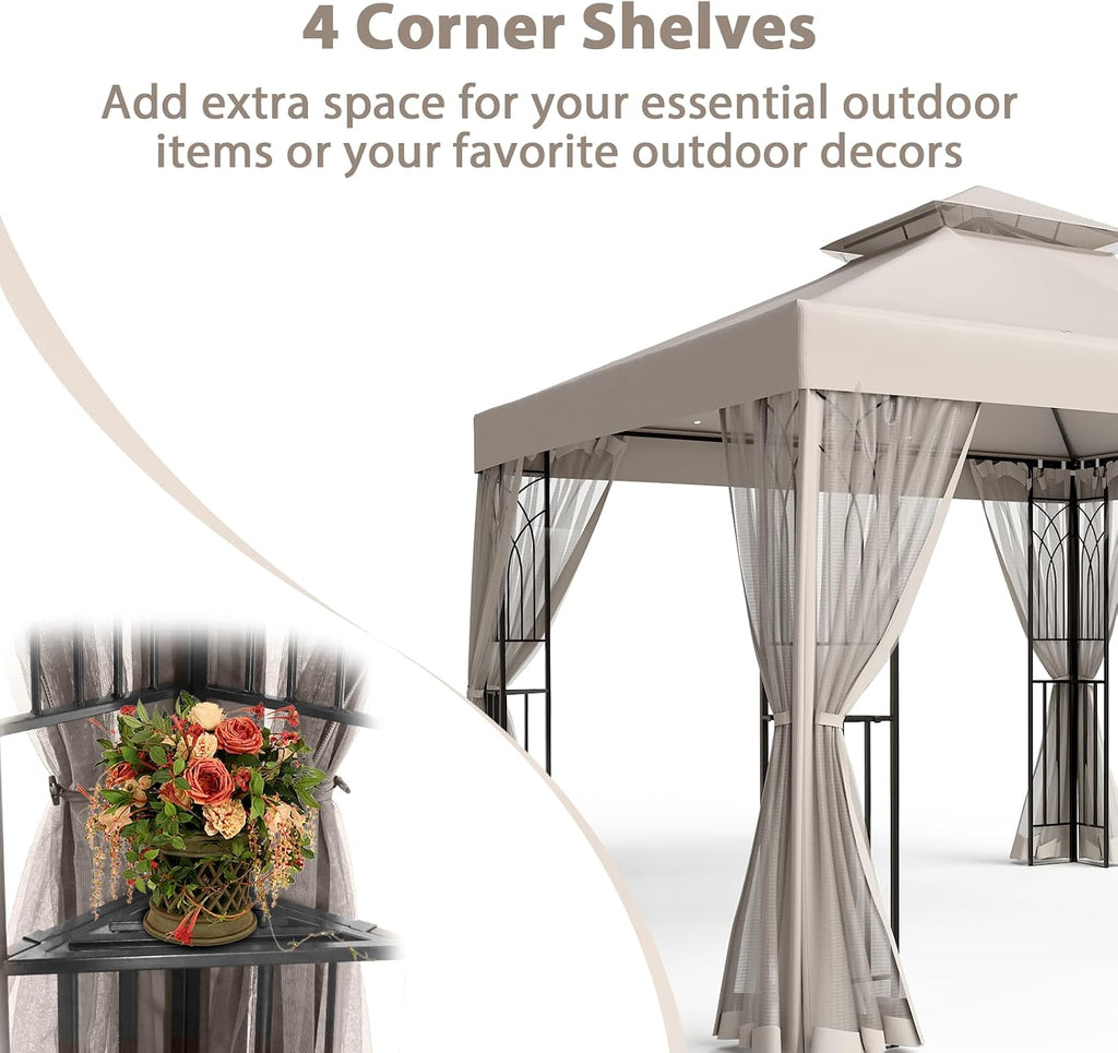 EAGLE PEAK 10x10 Patio Gazebo with Mesh Netting, Double Roof Outdoor Pavilion with Corner Shelves for Lawn, Deck, Garden and Backyard, Beige
