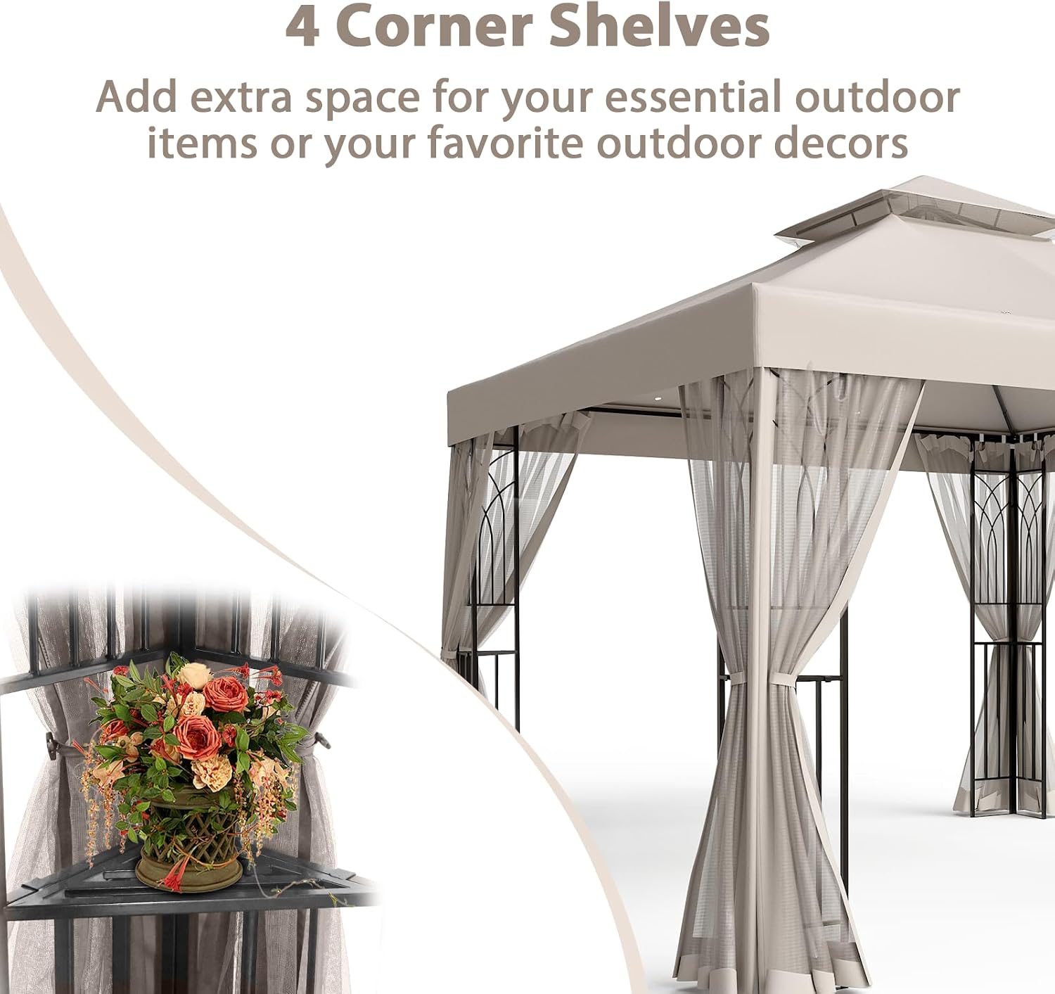 EAGLE PEAK 10x10 Patio Gazebo with Mesh Netting, Double Roof Outdoor Pavilion with Corner Shelves for Lawn, Deck, Garden and Backyard, Beige