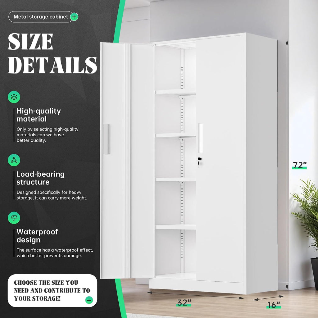Incbruce 72' H x16 D Patio Metal Storage Cabinet, Outdoor Storage Cabinet with Doors and Adjustable Shelves, Tool Shed for Home, Patio, Office (White)