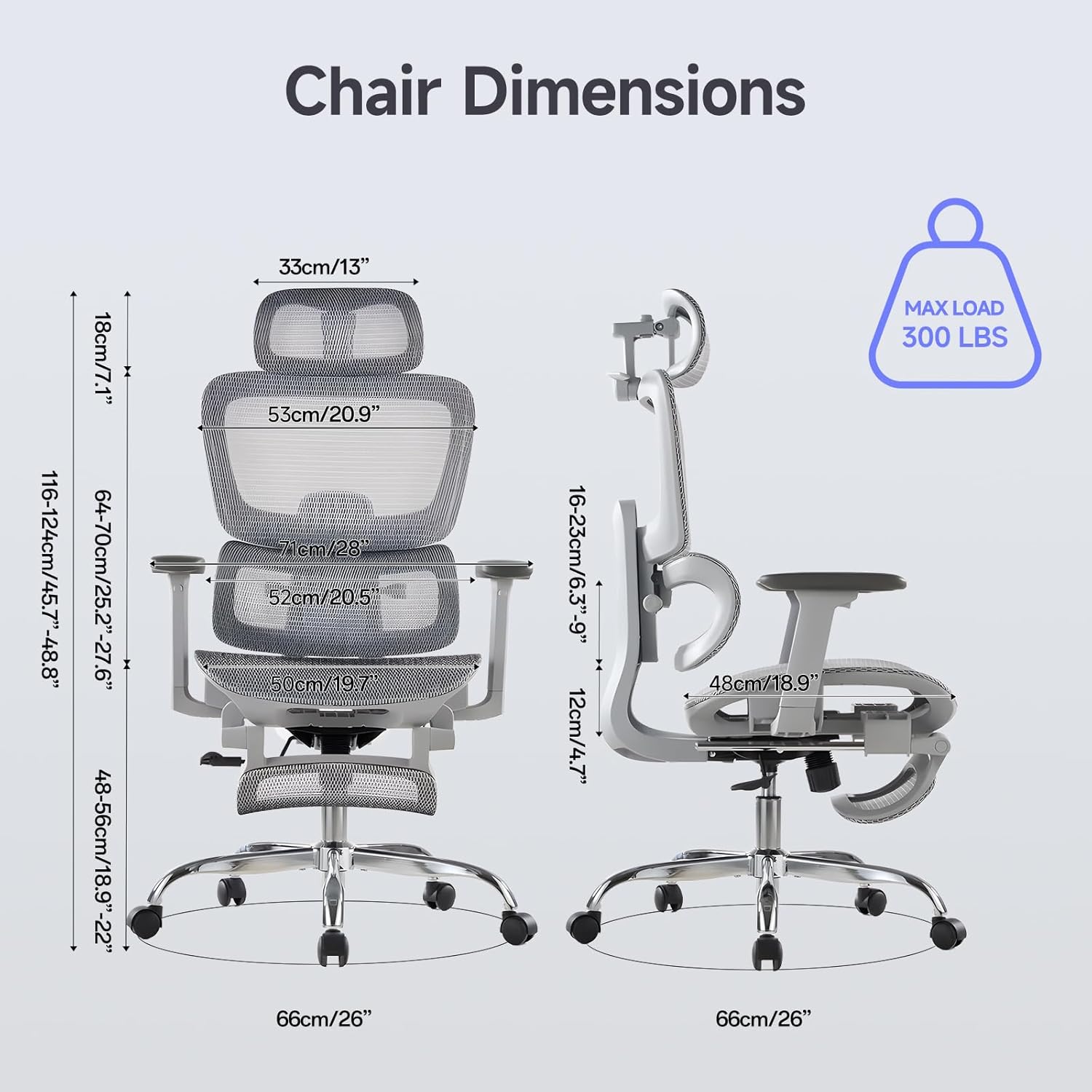 Office Chair with Footrest, Ergonomic Chair with 3D Headrest, Computer Chair with Adjustable Backrest & 3D Armrest, Gaming Chair with Adaptive Lumbar Support, Mesh Backrest & Cushion, Grey