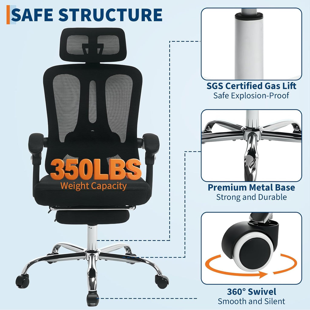 Mesh Ergonomic Office Chair with Footrest, Home Office Computer Desk Chair with Adjustable Headrest and Backrest, Comfortable Lumbar Support, Executive Desk Chair with Wheels 360 Swivel, Black