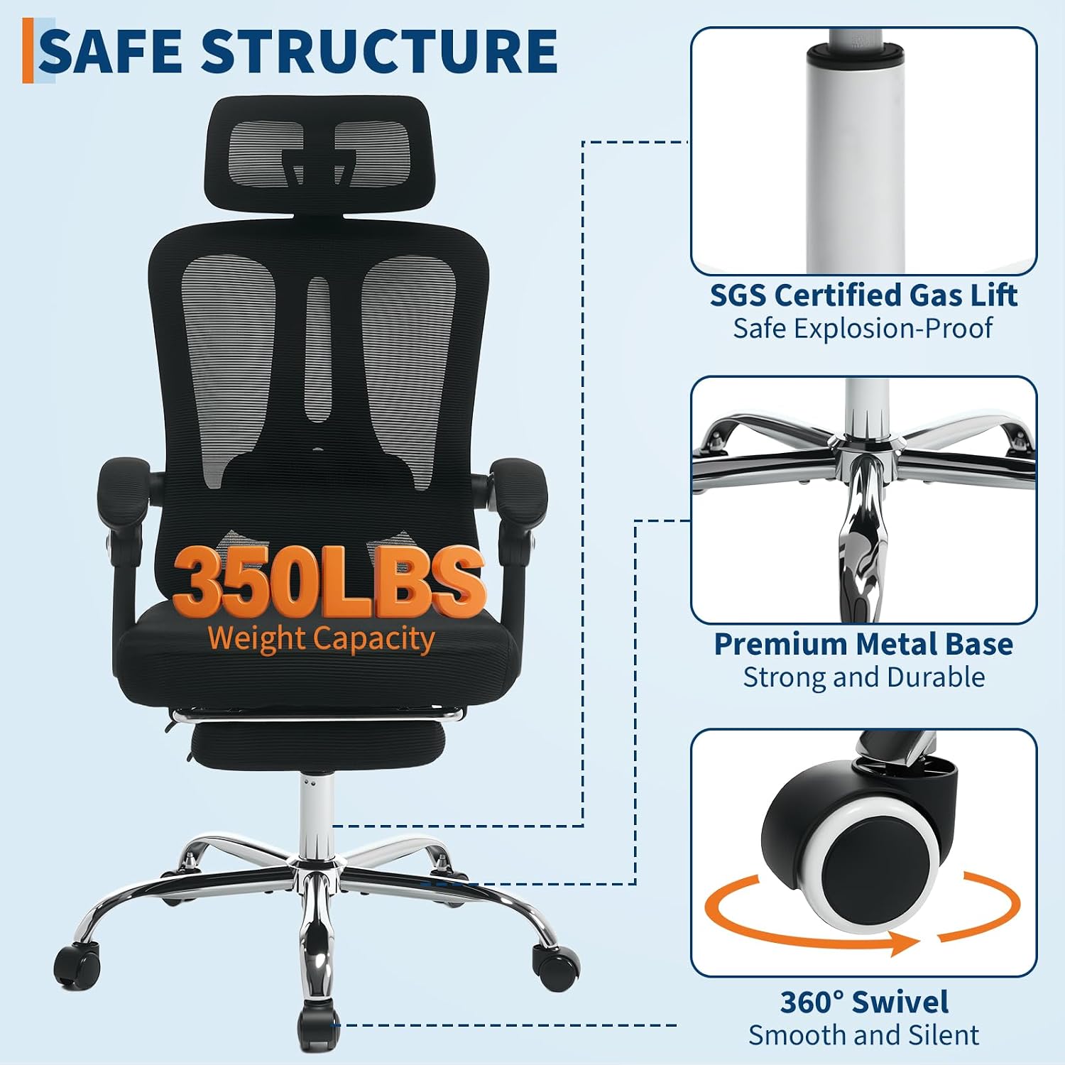 Mesh Ergonomic Office Chair with Footrest, Home Office Computer Desk Chair with Adjustable Headrest and Backrest, Comfortable Lumbar Support, Executive Desk Chair with Wheels 360 Swivel, Black
