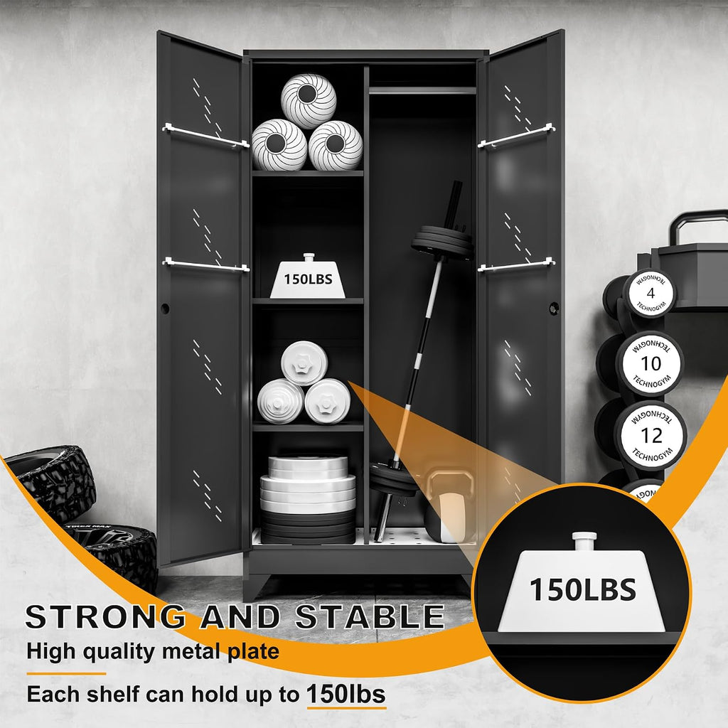 OSEILLC 71'' Metal Storage Cabinet with Doors, Multifunctional Bathroom/Garage Lockable Steel Cabinet, Broom Closet Storage with Hanging Rod (Style-1)