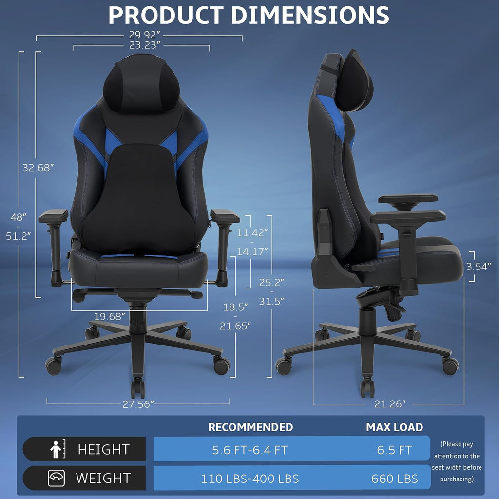 Ergonomic Gaming Chair, Computer Desk Chairs, 4D Armrests, High Back Office Chair with Headrest & Lumbar Pillow, Tilt Rocker Recliner, Heavy-Duty Base, Black PU Leather & Blue Suede Combo