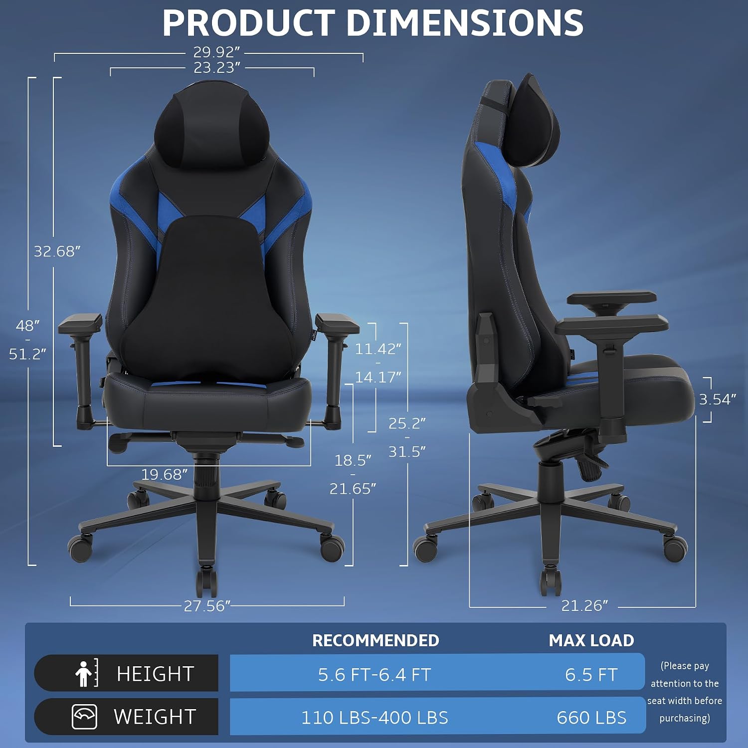 Ergonomic Gaming Chair, Computer Desk Chairs, 4D Armrests, High Back Office Chair with Headrest & Lumbar Pillow, Tilt Rocker Recliner, Heavy-Duty Base, Black PU Leather & Blue Suede Combo