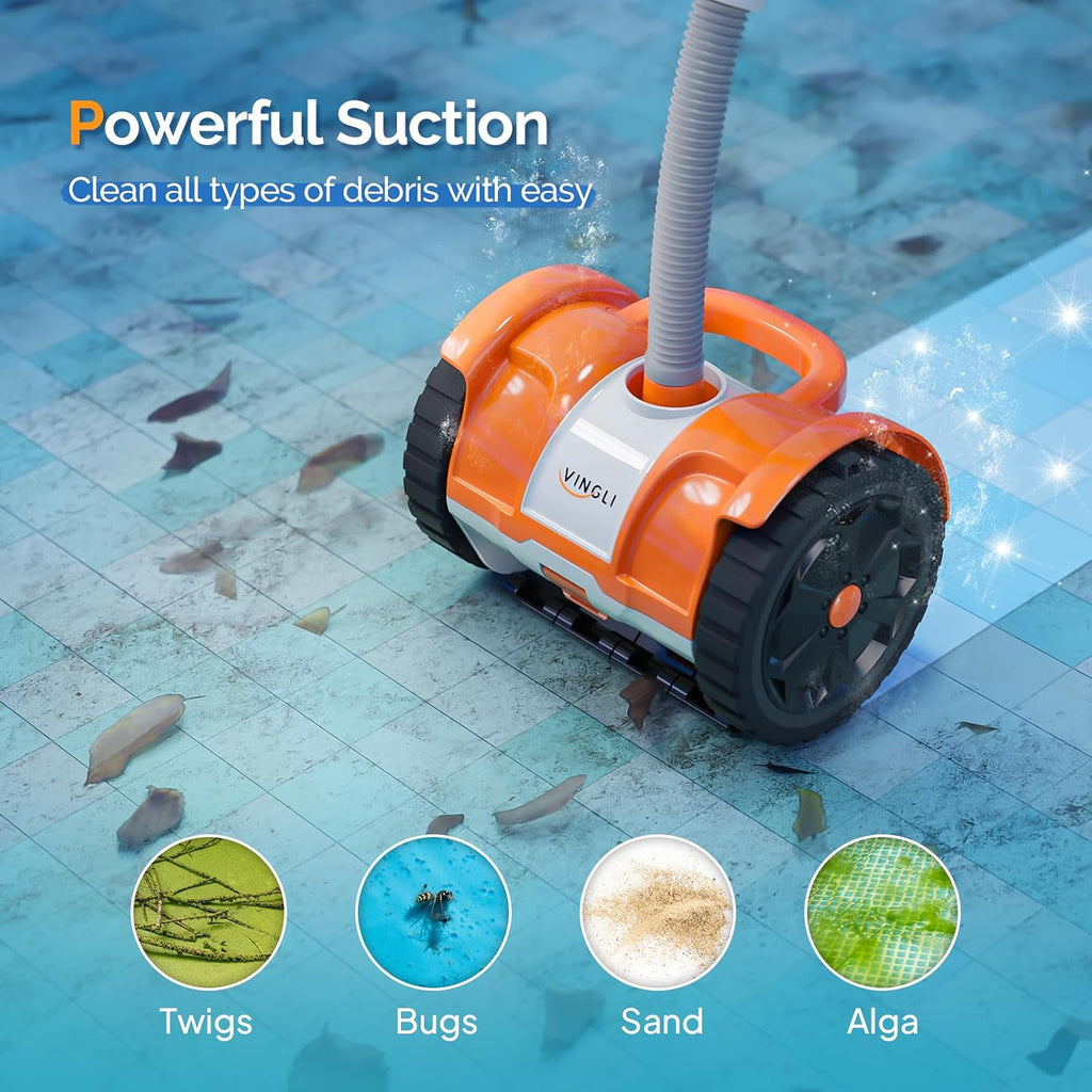VINGLI Automatic Suction Pool Cleaner Robot for Inground Pools – Powerful Suction-Side Vacuum with 40FT Tangle-Free Pool Cleaner Hose - Ideal for Pool Cleaning Kits & Equipment, Rich Orange&Gray