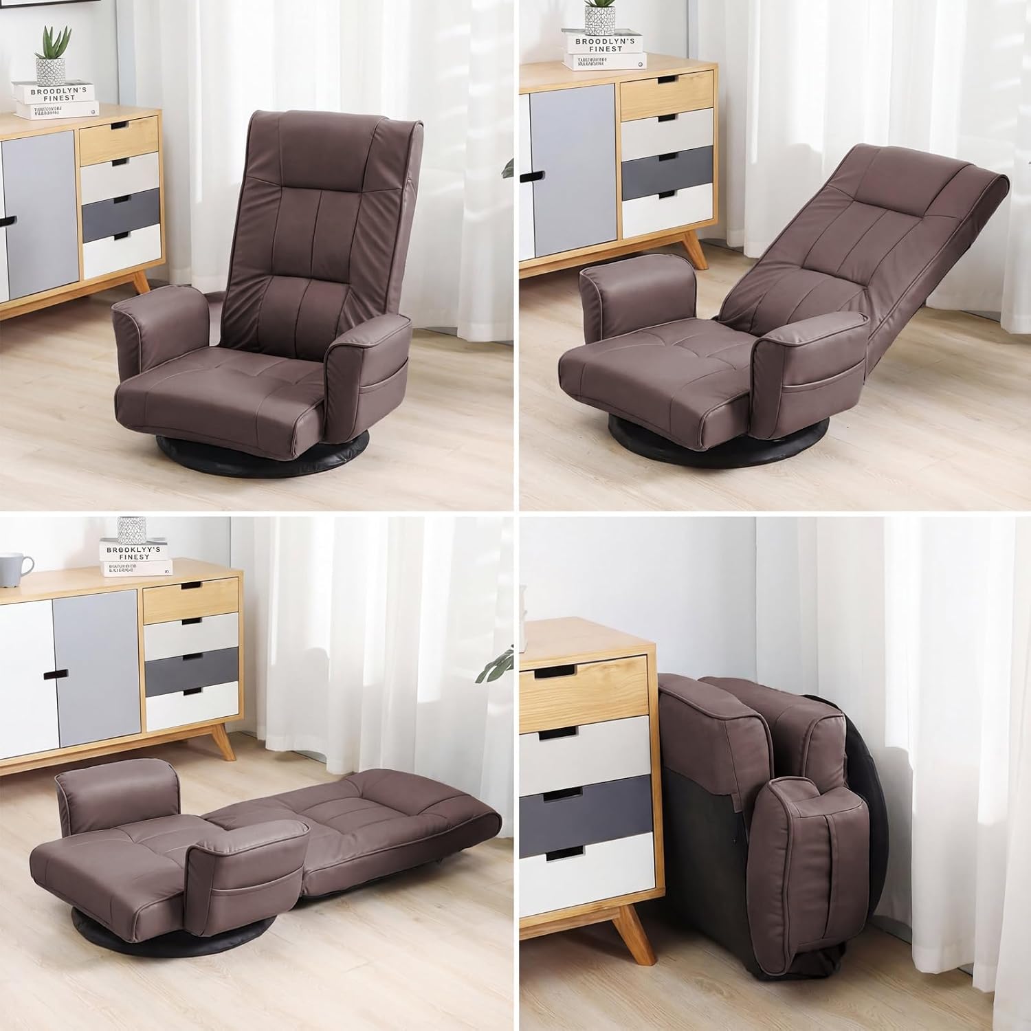 360° Swivel Floor Chair with Armrests, 14-Position Adjustable Floor Lounger for Adults, Folding Padded Floor Seat with Backrest for Gaming, Reading & Living Room (Brown)