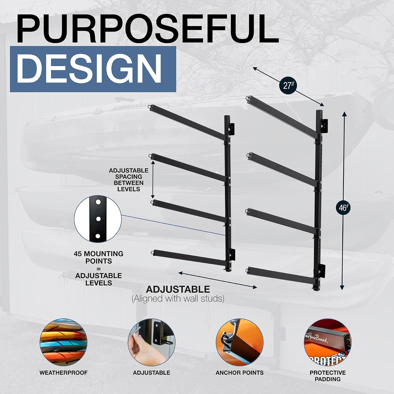 StoreYourBoard Outdoor Standup Paddleboard Rack, Wall Mount, Holds 400 lbs, Adjustable Storage Stand, Heavy-duty Metal Organizer