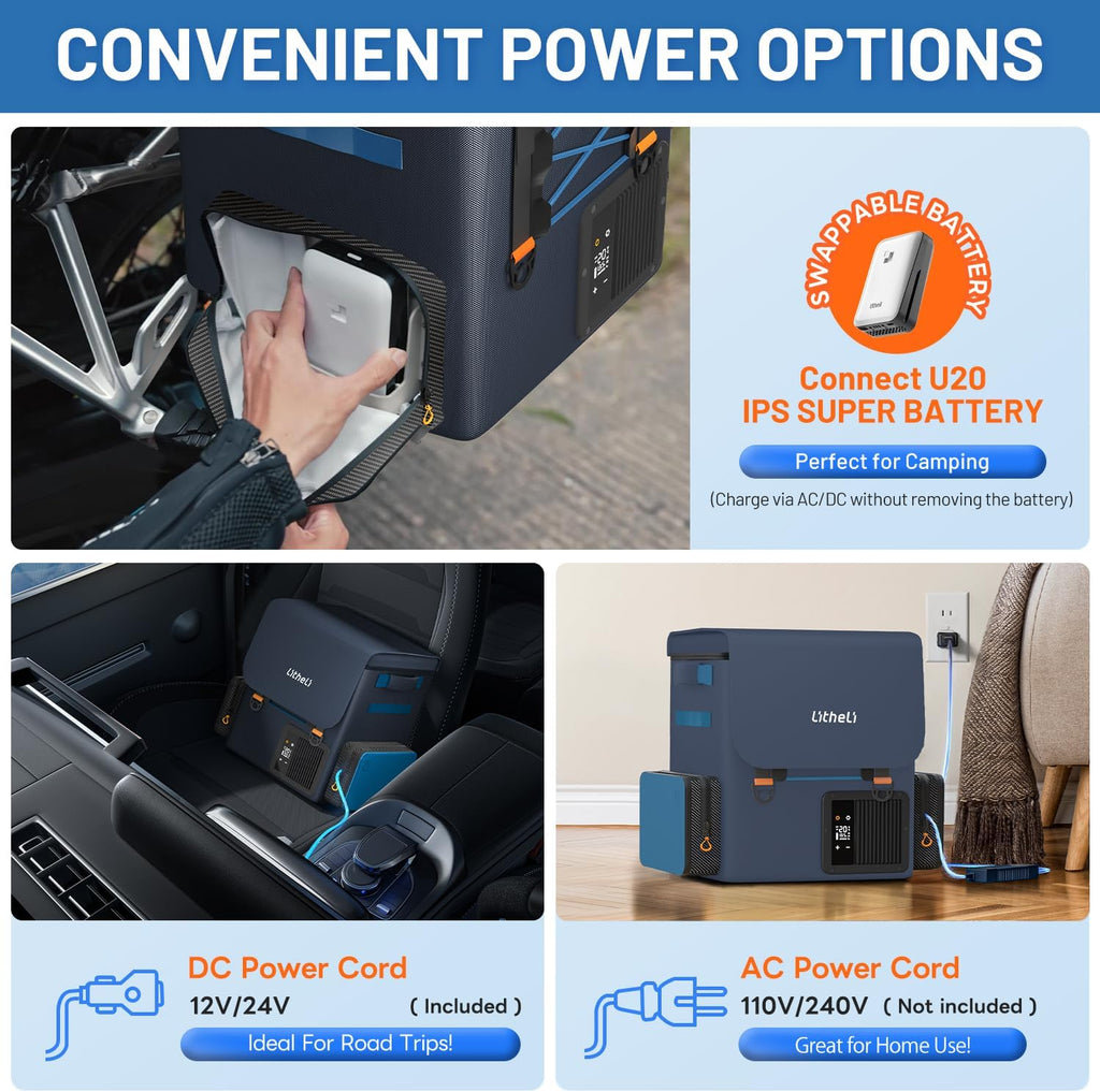 LiTHELi FrozenPack 12V Car Refrigerator, 20L/21QT Portable Electric Cooler, -4~68℉ Travel Fridge Freezer for Camping, Road Trips, RV, Boat & Beach, 2x4.0Ah Batteries and Duat Port Charger