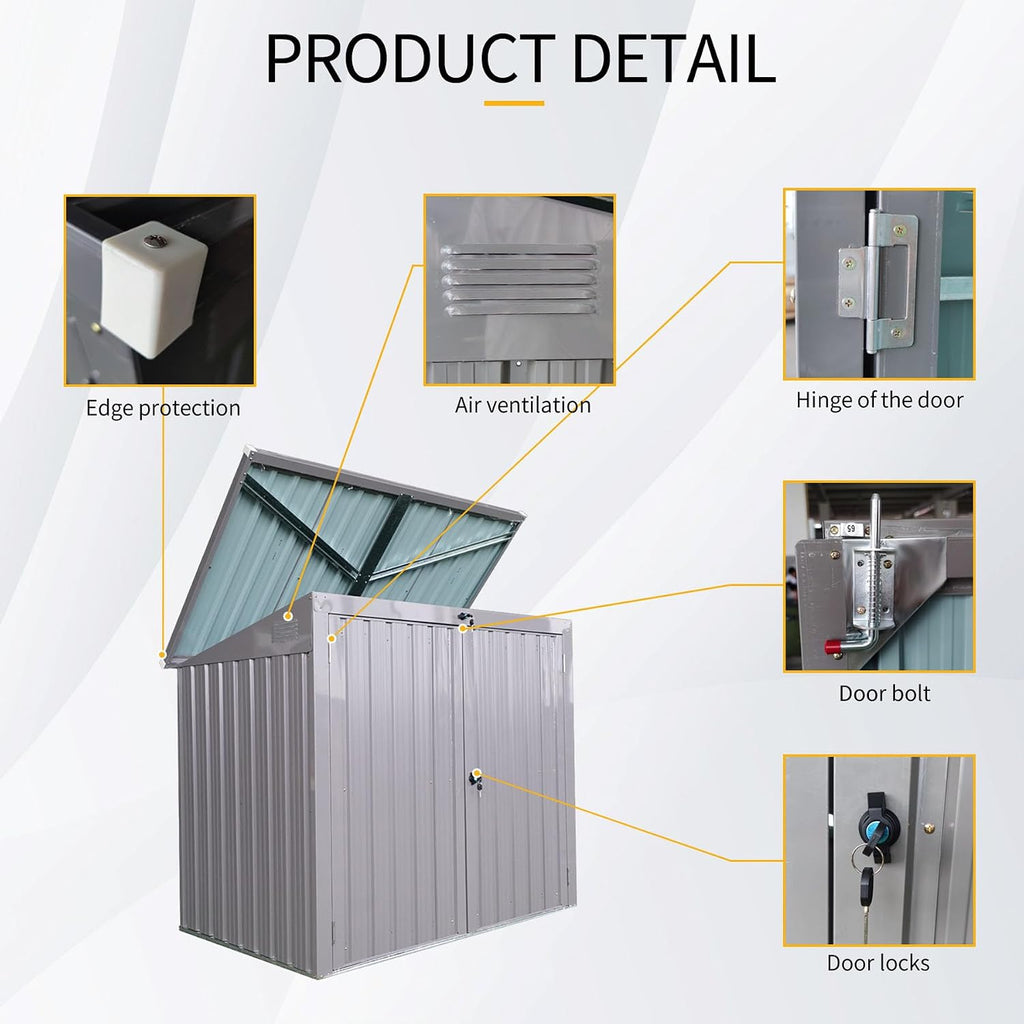 62' Grey Metal Outdoor Storage Shed with Sloped Roof, Lockable Tool Shed for Trash Cans, Garden Tools, Firewood, or Pet House, Waterproof, Galvanized Steel (Grey)
