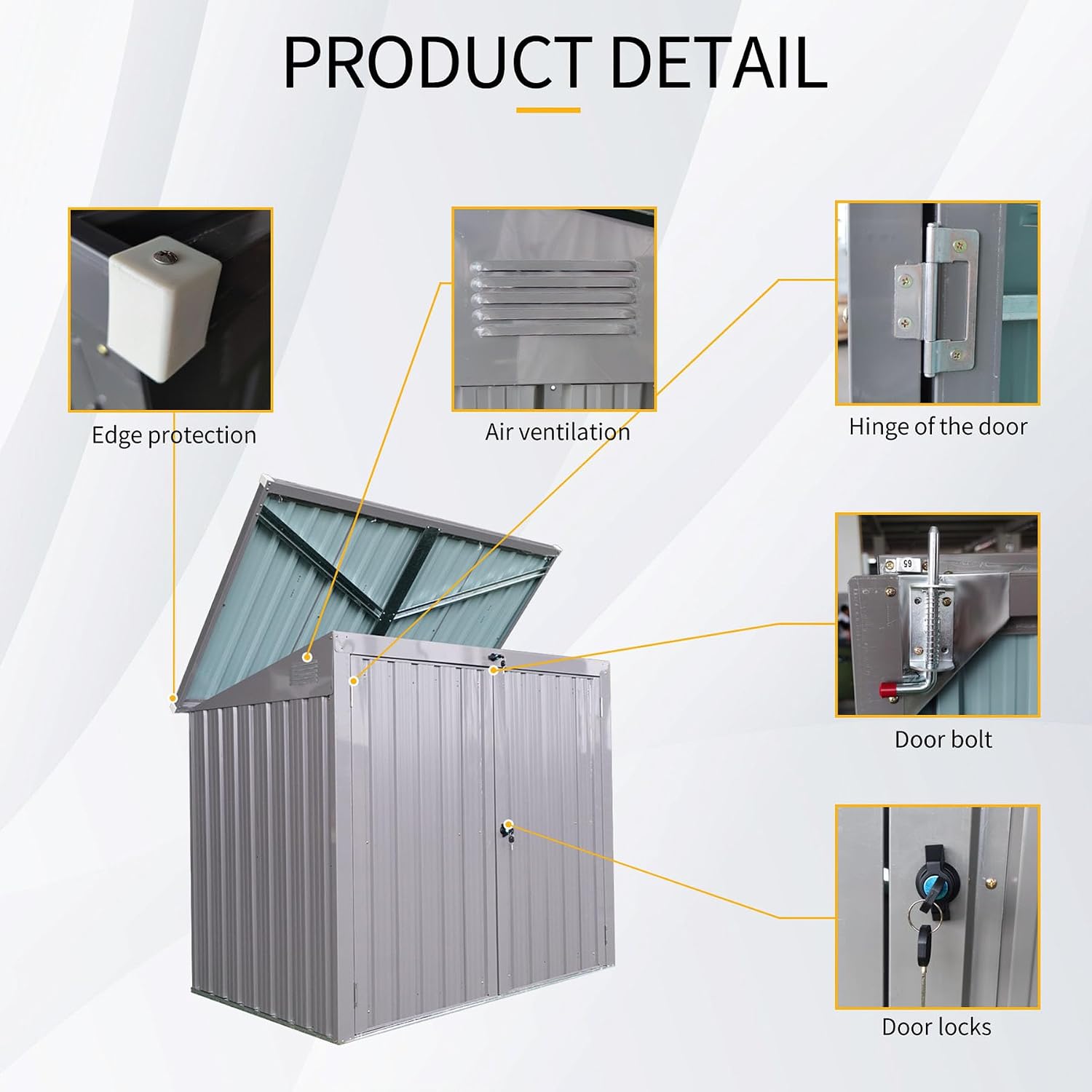 62' Grey Metal Outdoor Storage Shed with Sloped Roof, Lockable Tool Shed for Trash Cans, Garden Tools, Firewood, or Pet House, Waterproof, Galvanized Steel (Grey)