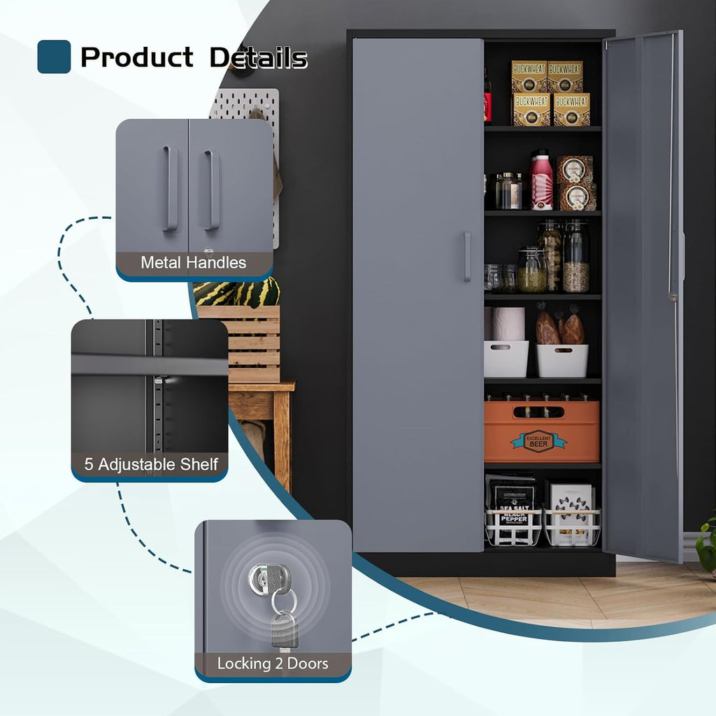 MIIIKO Metal Storage Cabinet with Locking Doors, Black Garage Storage Cabinets with 5 Adjustable Shelves