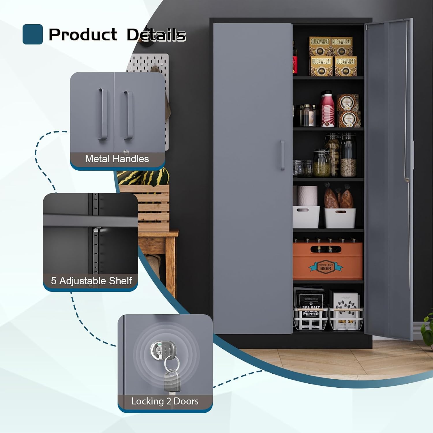 MIIIKO Metal Storage Cabinet with Locking Doors, Black Garage Storage Cabinets with 5 Adjustable Shelves