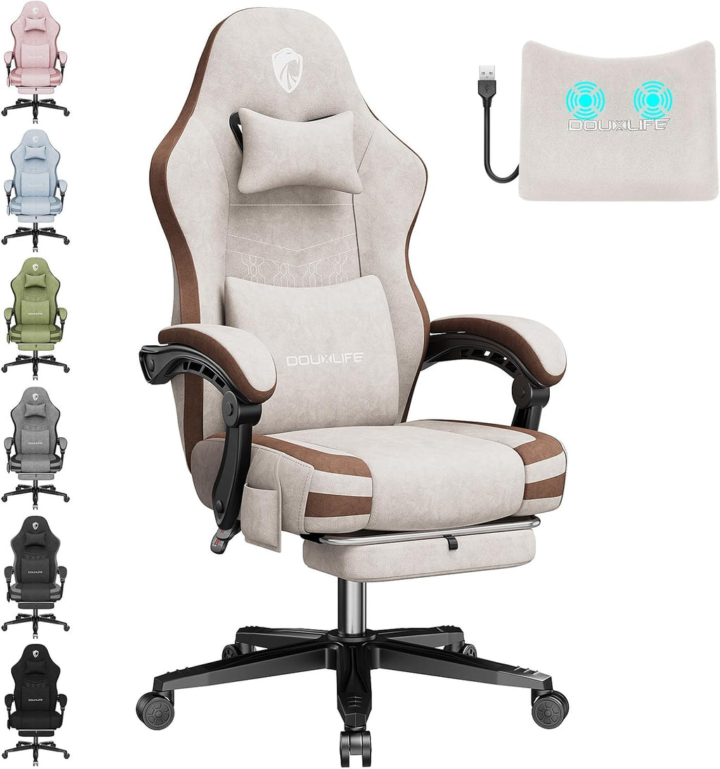Gaming Chair, Fabric Computer Office Chair with Massage, Ergonomic Chair with Footrest Lumbar Support, Pocket Spring Widened Cushion Metal Legs 350LBS Beige