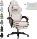 Gaming Chair, Fabric Computer Office Chair with Massage, Ergonomic Chair with Footrest Lumbar Support, Pocket Spring Widened Cushion Metal Legs 350LBS Beige