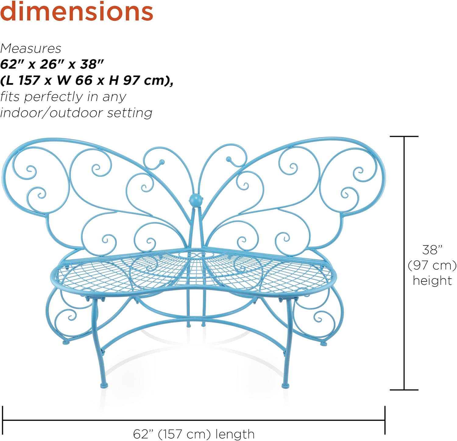 Alpine Corporation BAZ400BL Indoor Outdoor Metal Butterfly Shaped Garden Bench, 62' Long, Blue