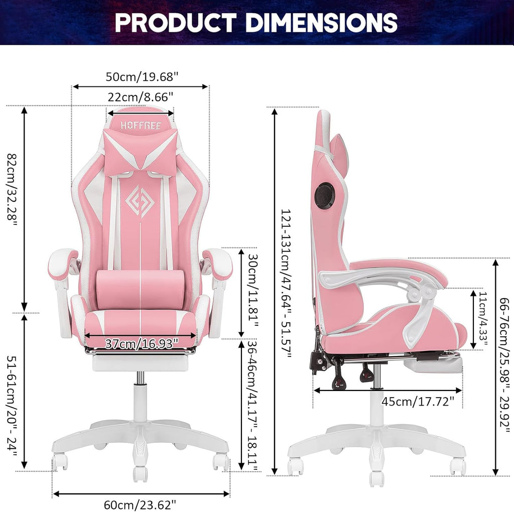 HOFFREE Gaming Chair Massage with Bluetooth Speakers Ergonomic Computer Gaming Chair with LED RGB Lights Footrest High Back Music Video Game Chair with Lumbar Support White and Pink