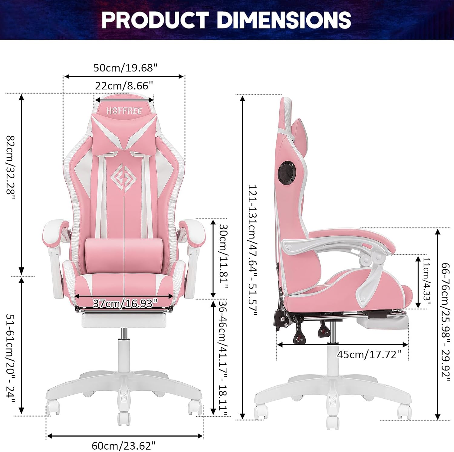 HOFFREE Gaming Chair Massage with Bluetooth Speakers Ergonomic Computer Gaming Chair with LED RGB Lights Footrest High Back Music Video Game Chair with Lumbar Support White and Pink