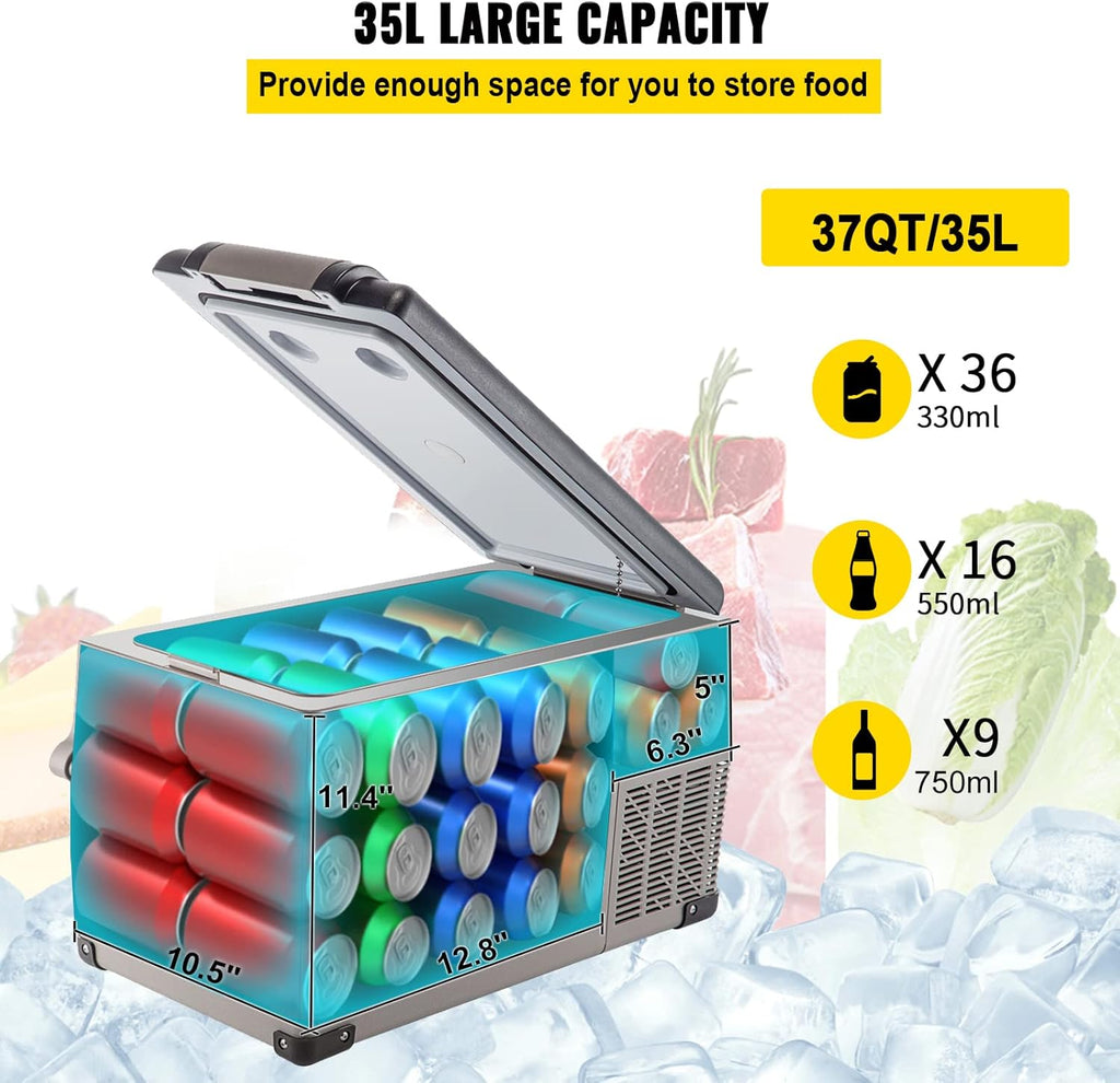 VEVOR Portable Refrigerator 37 Quart(35 Liter),Travel,Car Refrigerator Dual Zone with 12/24v DC & 110-240v AC for Camping, Fishing,12 Volt Refrigerator App Control(-4℉~68℉), Outdoor or Home Use