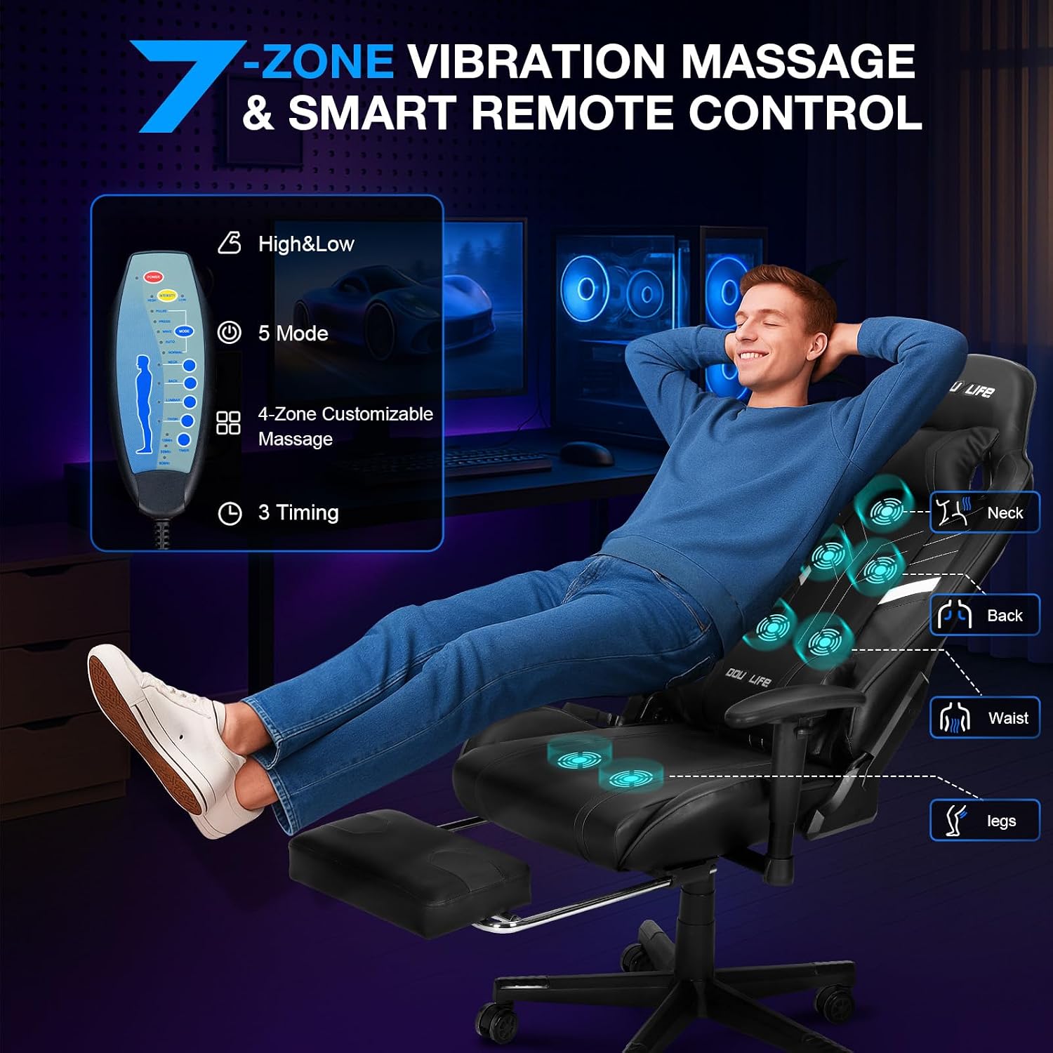Douxlife 7-Point Massage Gaming Chair with Footrest, 400lbs Heavy Duty Ergonomic Computer Chair, 175° Reclining High Back Racing Seat for Adults with Adjustable Armrests & Lumbar Support, Black