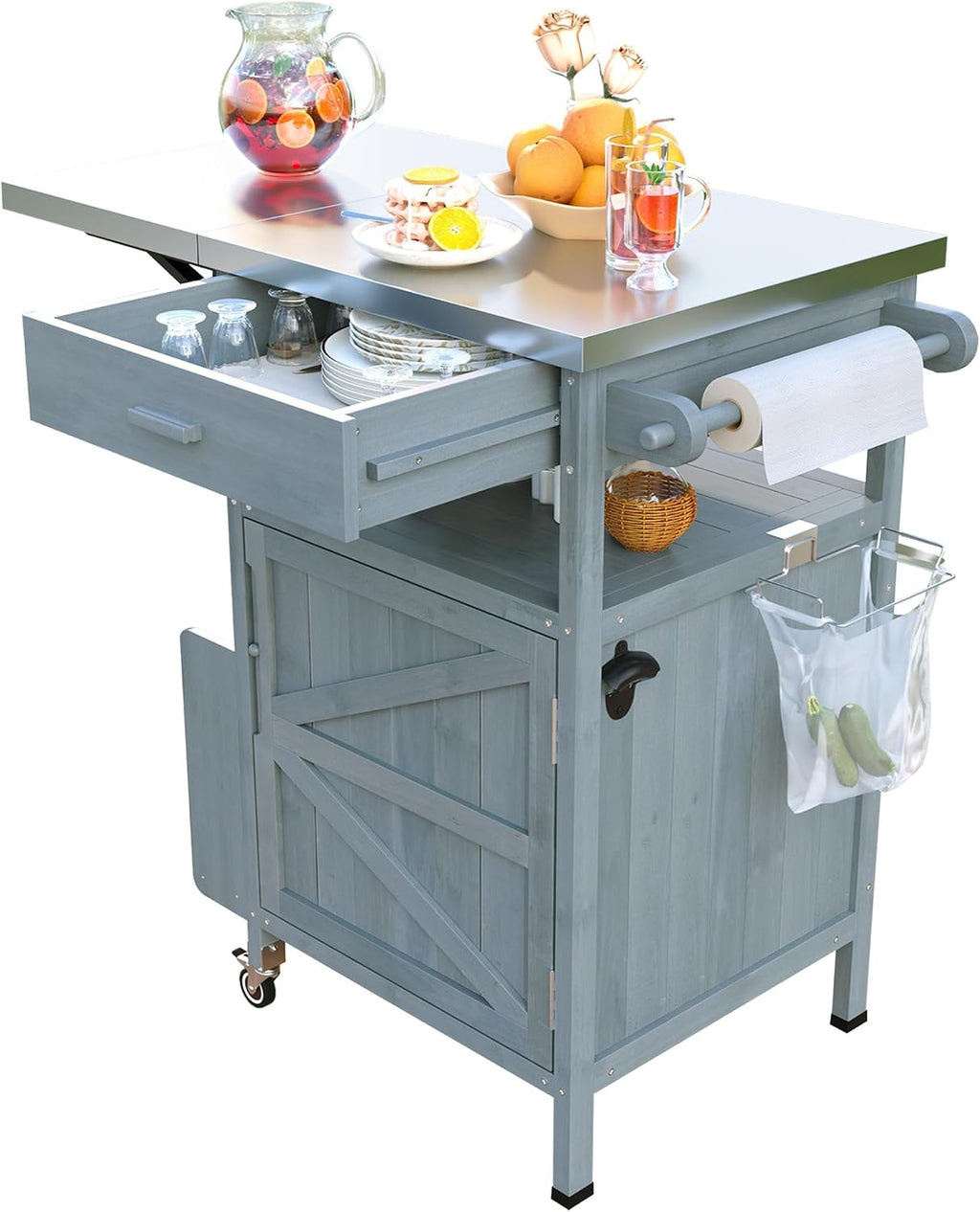 LUMISOL Outdoor Rolling Kitchen Island with Drop Leaf, 40.5' Solid Wood Outdoor Grill Table with Stainless Steel Top, Drawer and Towel Rack, Outdoor Storage Cabinet with Lockable Wheels, Blue Grey