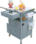 LUMISOL Outdoor Rolling Kitchen Island with Drop Leaf, 40.5' Solid Wood Outdoor Grill Table with Stainless Steel Top, Drawer and Towel Rack, Outdoor Storage Cabinet with Lockable Wheels, Blue Grey