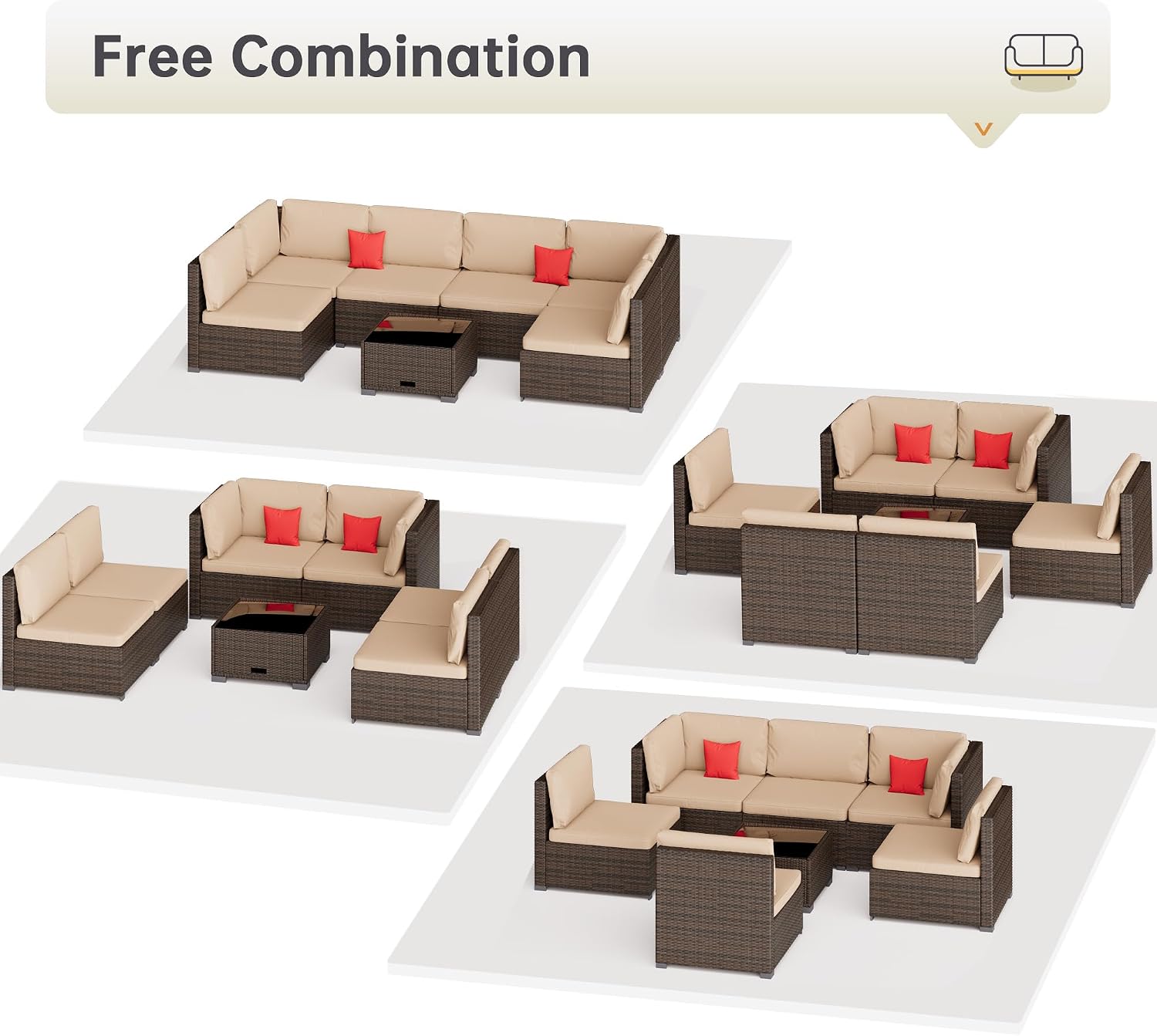 LHBcraft 7 Piece Patio Outdoor Furniture Set, Outdoor Sectional, All-Weather Manual Weaving PE Rattan Wicker Patio Sectional Sofa, Rattan Outside Furniture with Beige Cushion and Glass Table