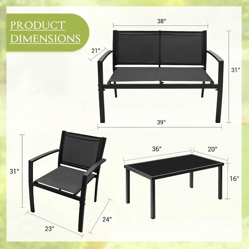 Greesum 4 Pieces Outdoor Furniture Set All Weather Patio Conversation Set with Porch Loveseat, Garden Bistro Chairs with Glass Coffee Table for Garden Backyard Poolside Textile Modern, Black