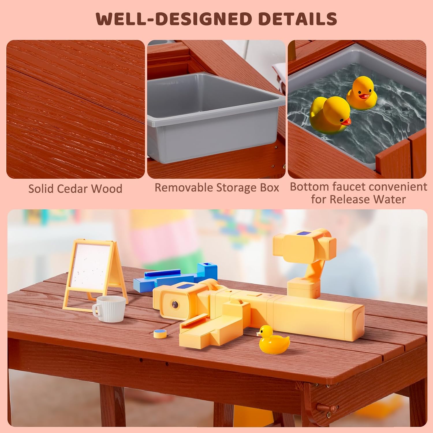 BRINJOY Kids Picnic Table with Umbrella, Outdoor Wooden Table & Bench Set w/Cushions & 2 Removable Boxes, 4-in-1 Children Sand and Water Table Activities Furniture for Patio, Garden, Indoor Outdoor