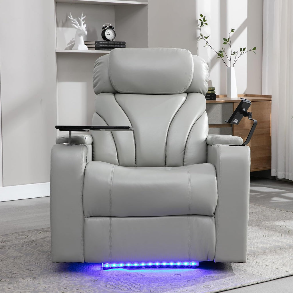 Merax Power Motion Recliner with USB Charging Port and Hidden Arm Storage, Home Theater Seating with Convenient Cup Holder Design,and Stereo(Light Grey)