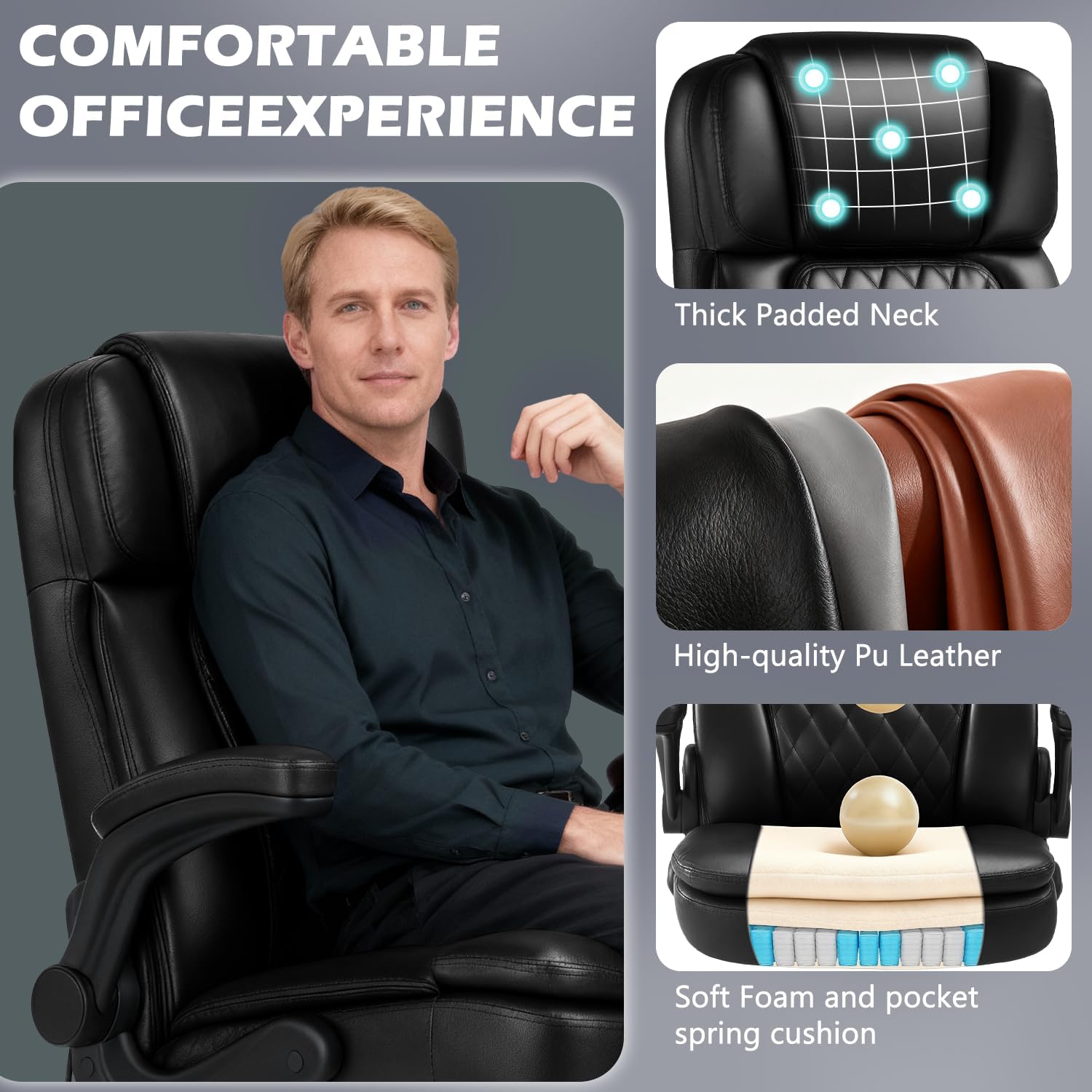 450lbs Executive Office Chair for Heavy People, Ergonomic Big and Tall Desk Chair with Adjustable Lumbar Support&Flip Up Armrest,High Back PU Leather Comfy Swivel Computer Chair