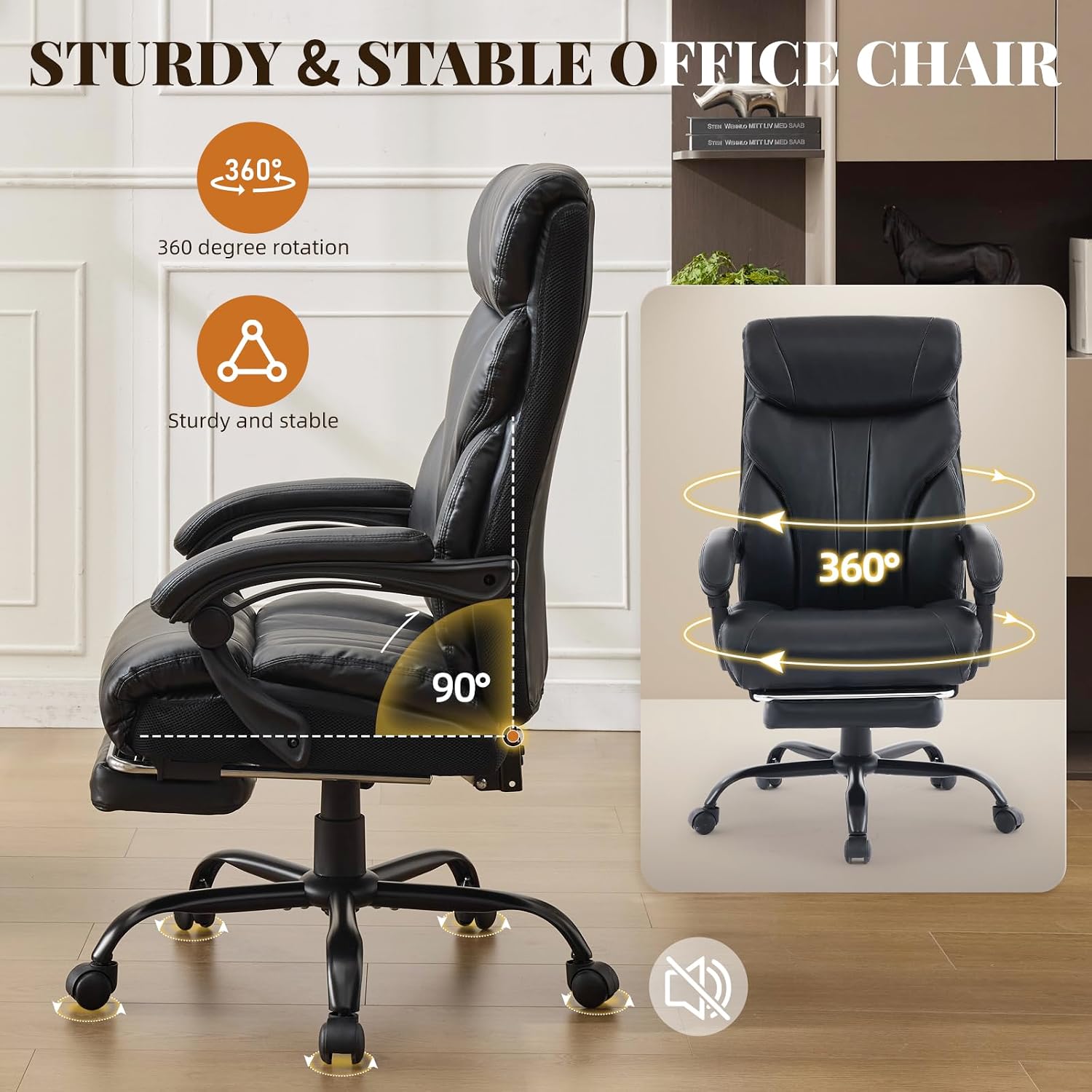Comfortable Office Desk Chair 500 LBS, Big and Tall Office Chairs with Footrest,90-155°Recline Executive Leather Gaming Chair for Heavy People, Long Hours,Black