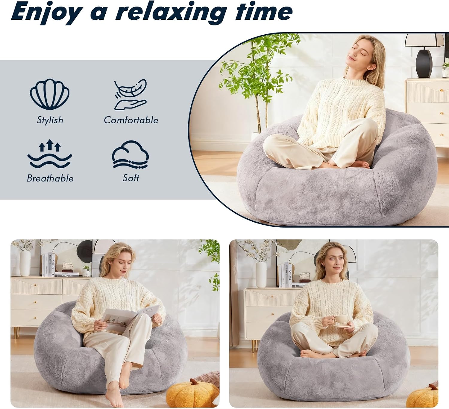 3.28 Feet Bean Bag Chair for Adults, Shell-Shaped Bean Bag Lazy Couch, Faux Fur Cloud Sofa Chair, Lounge Floor Sofa with Filler for Reading, Gaming & Watching, No Assembly Required (Light Grey)