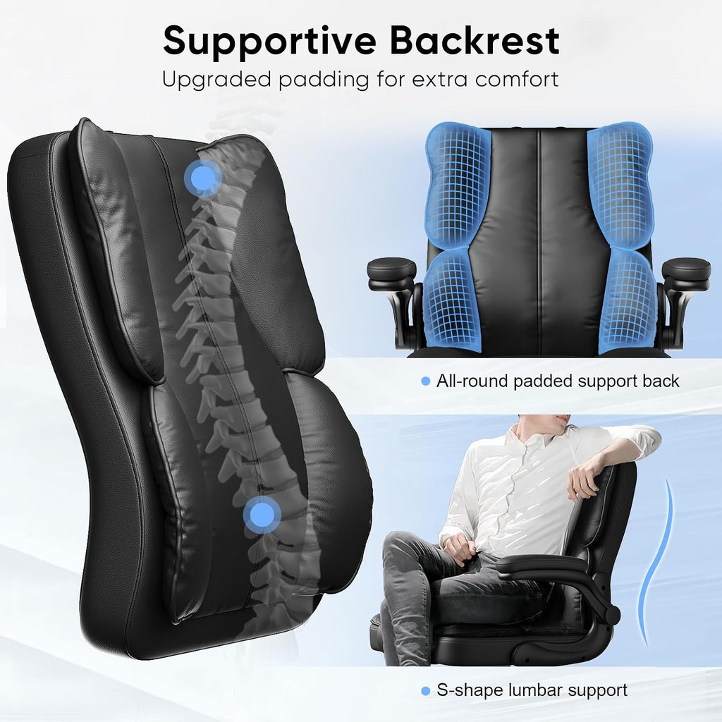 Kensaker Ergonomic Executive Office Chair with Adjustable Headrest & 90° Flip-Up Arms, High Back PU Leather Computer Desk Chair with 135° Rocking & Double Padding for Home Office Comfort, Black