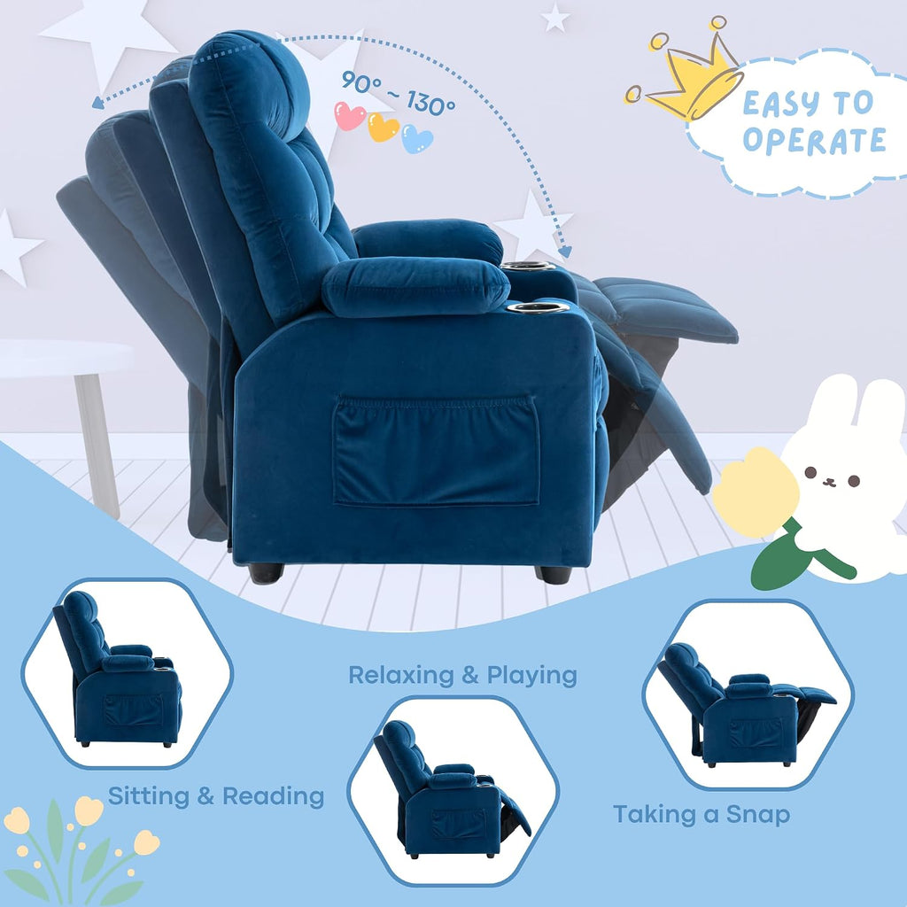 Donut Larger Kids Reclining Chair Velvet Fabric Recliner Sofa Push Back Lounge Children Toddler Boys Girls Ages 3-12 with Dual Cup Holders and 4 Pockets