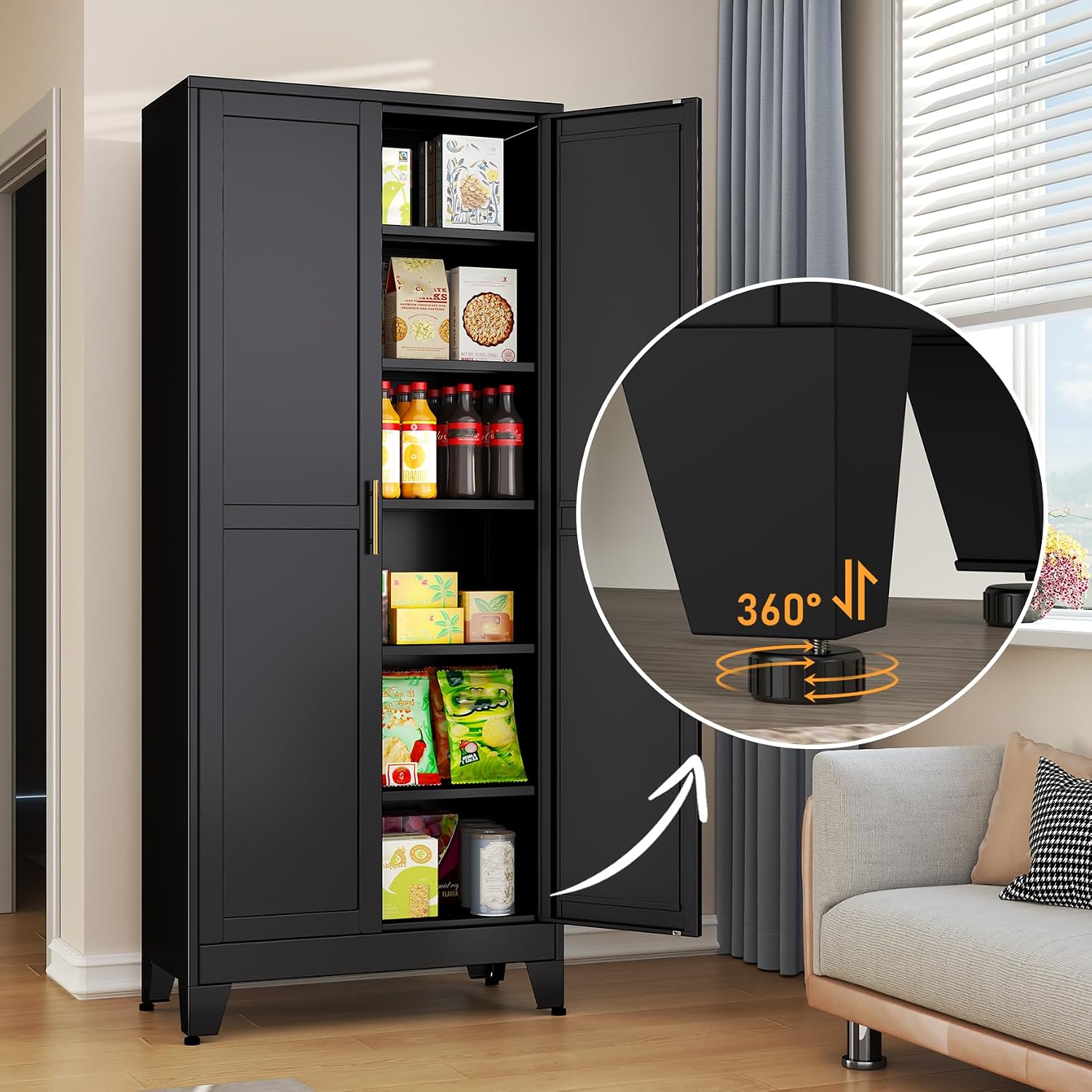 Black Metal Storage Cabinet,75' Steel Cabinets for Home Office, Kitchen Pantry Storage Cabinet with Doors and 5 Adjustable Shelves, Tool Cabinets, for Office, Home, Garage, School