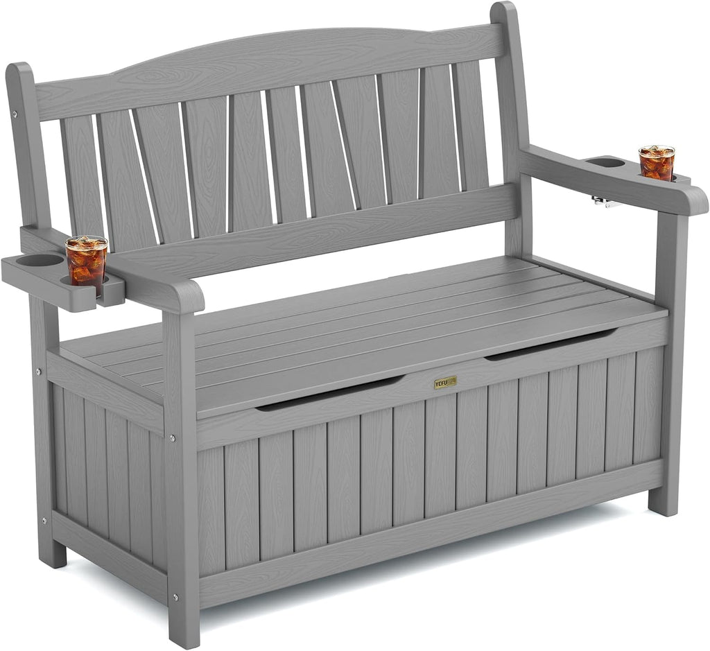YEFU Outdoor Storage Bench for Patio: Heavy Duty Garden Bench with 96° High Backrest & Oversized Seating - Weatherproof HIPS Patio Benches with Storage for Porch Backyard Park Room, Grey